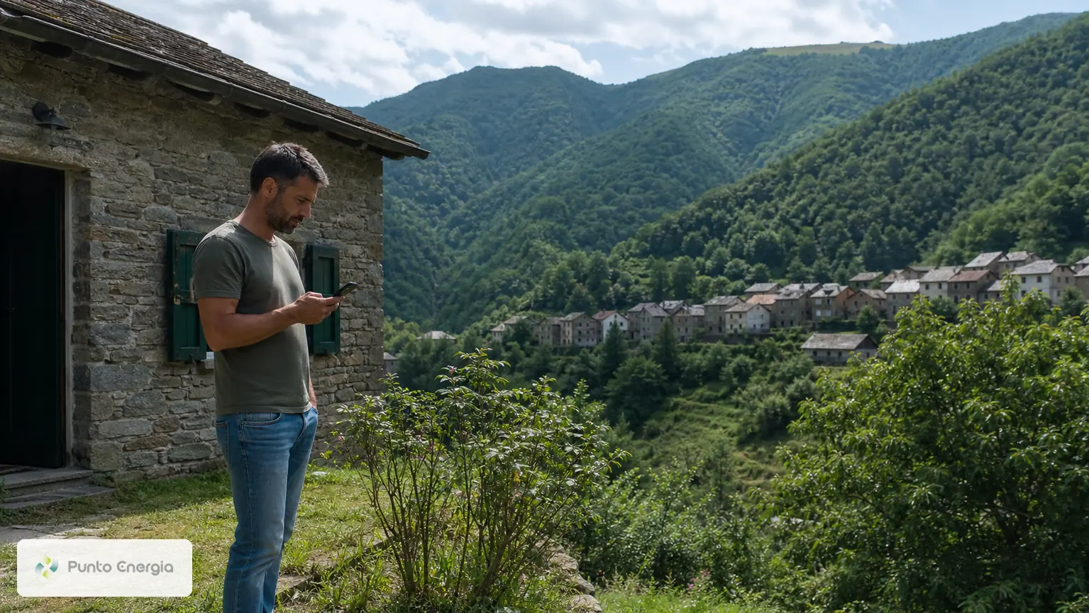 Persona che controlla il segnale internet accanto a una casa in pietra nell’Appennino ligure