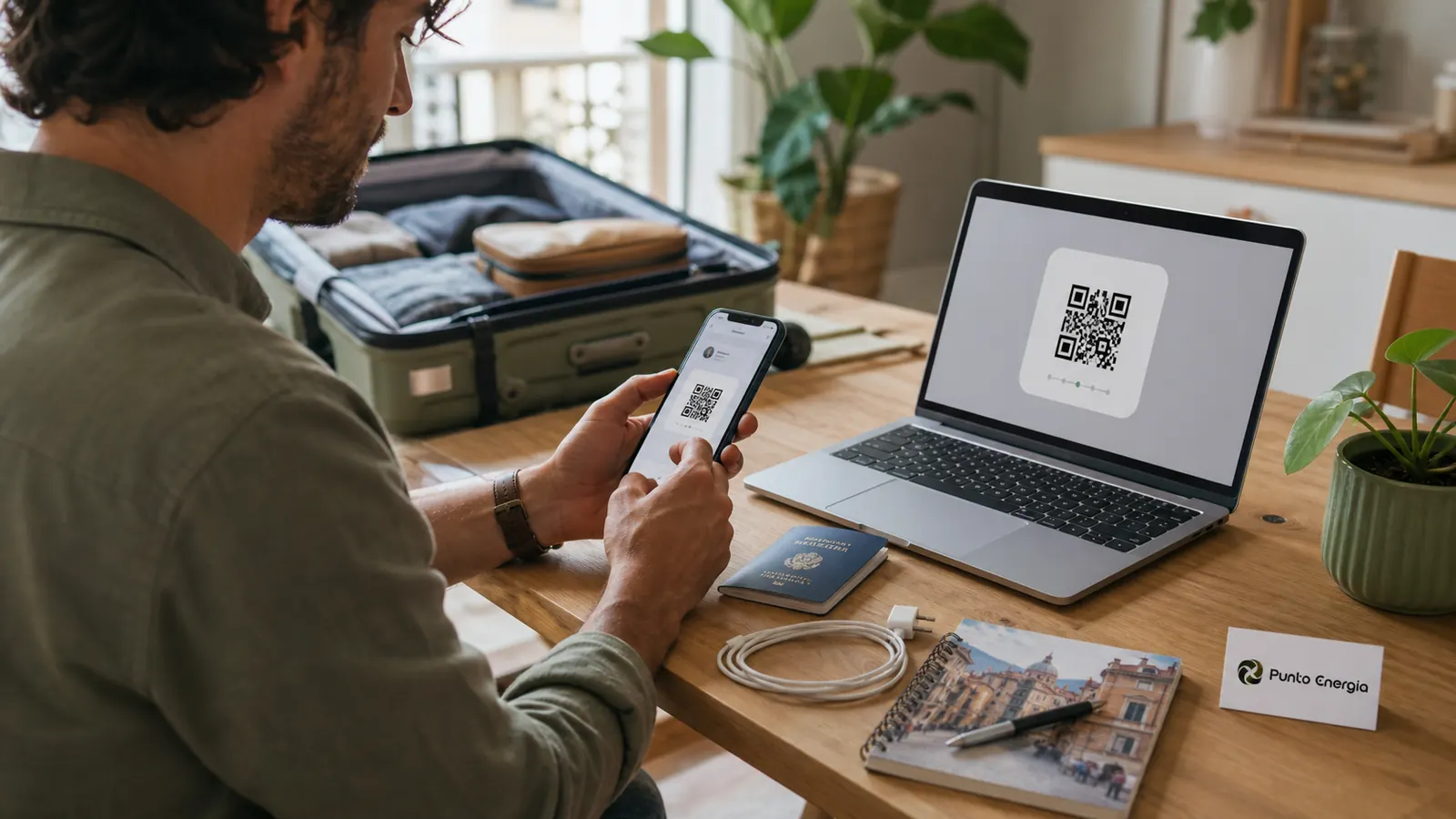 Traveller preparing an Italy eSIM with a QR code before departure