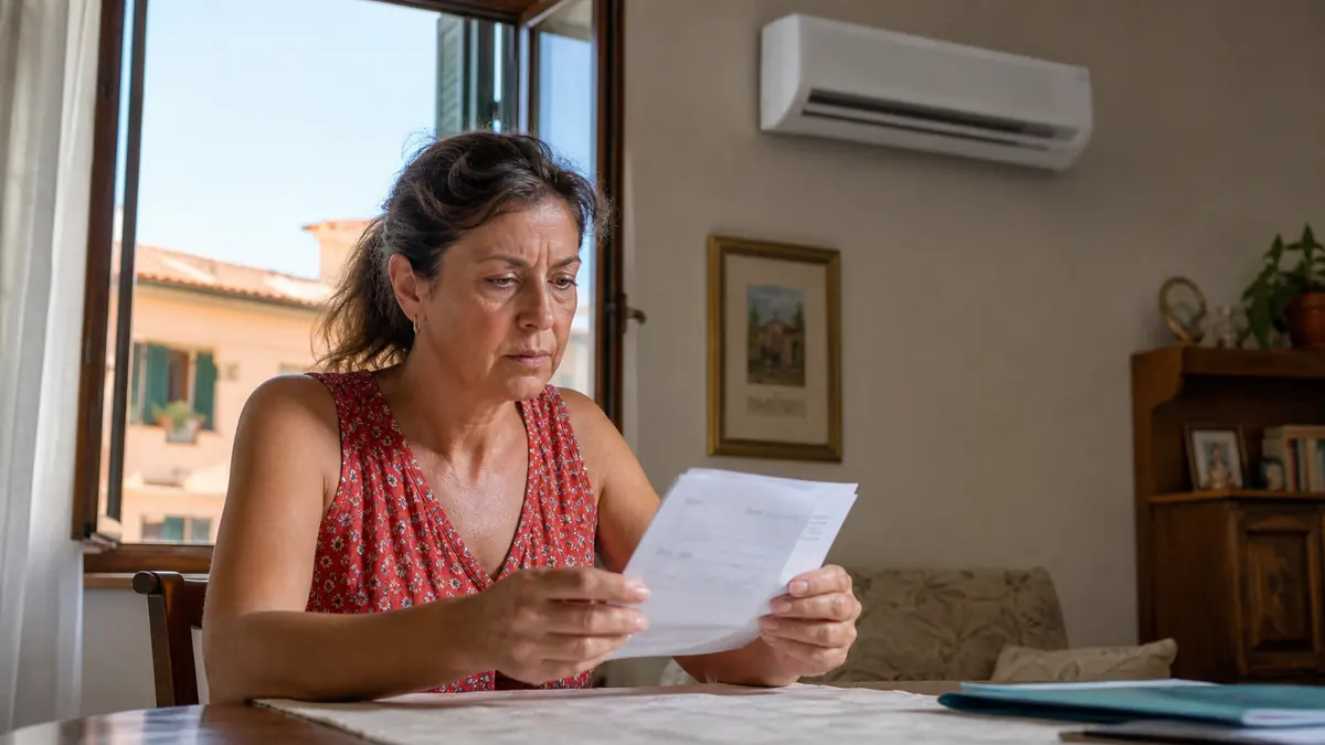 Donna che controlla una bolletta luce in una casa italiana durante l’estate