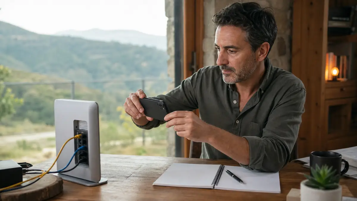 Cliente che fotografa collegamenti del router e prepara una richiesta di assistenza