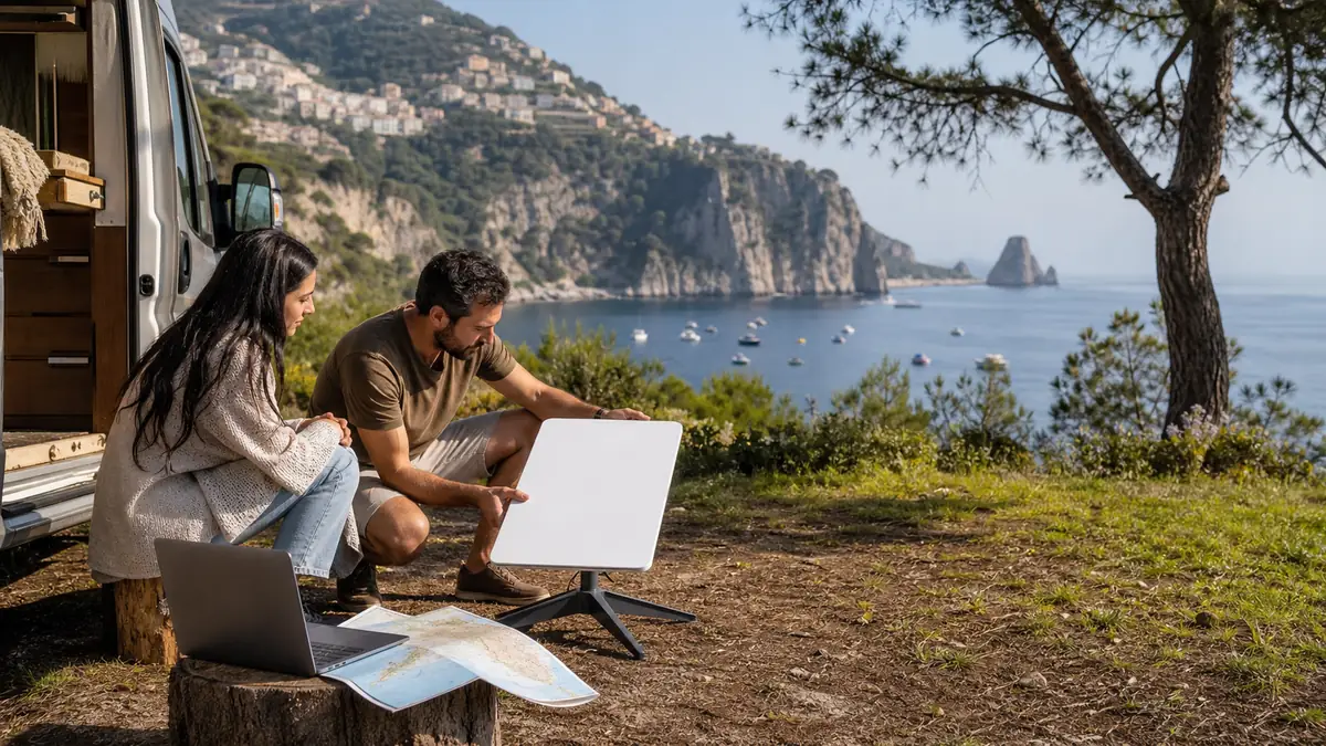 Coppia in camper che configura una piccola antenna satellitare sulla costa italiana