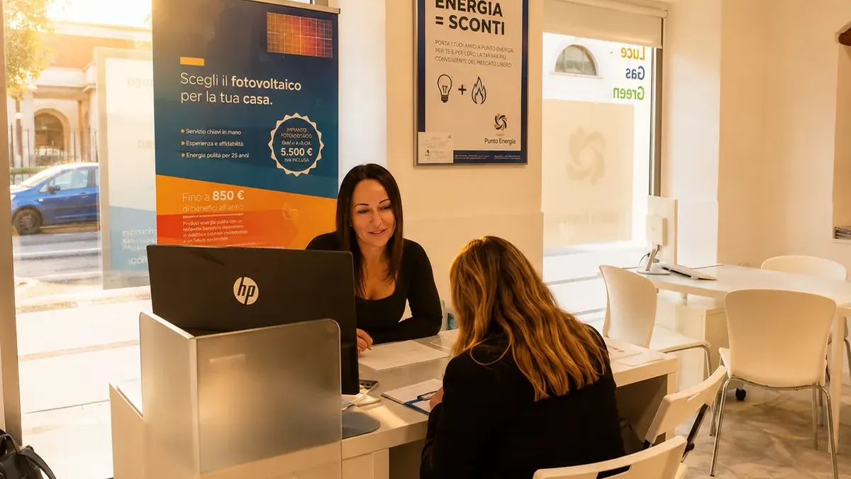 Consulente Punto Energia analizza una bolletta con una cliente nella sede di Marina di Carrara