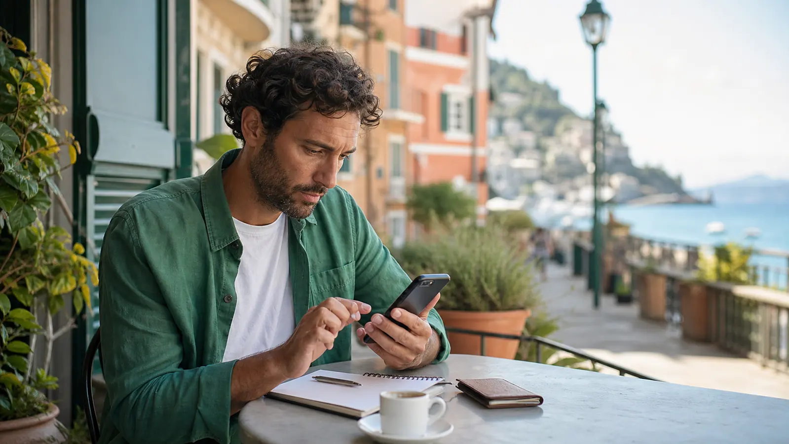 Turista verifica la compatibilità eSIM del telefono prima del viaggio in Italia